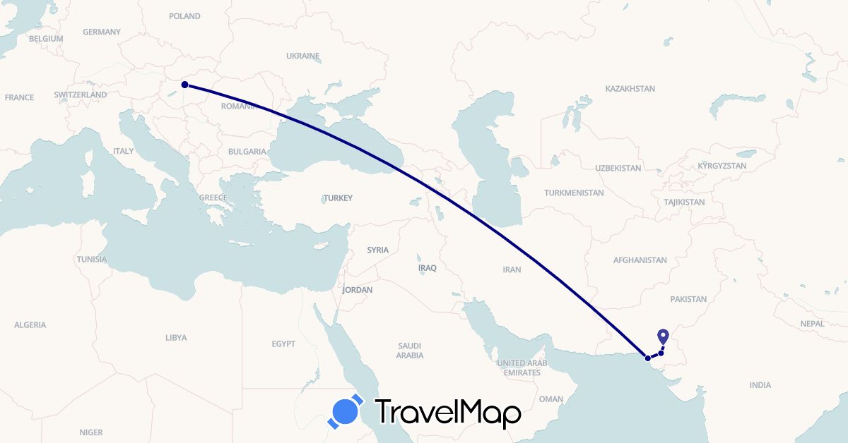 TravelMap itinerary: driving in Hungary, Pakistan (Asia, Europe)